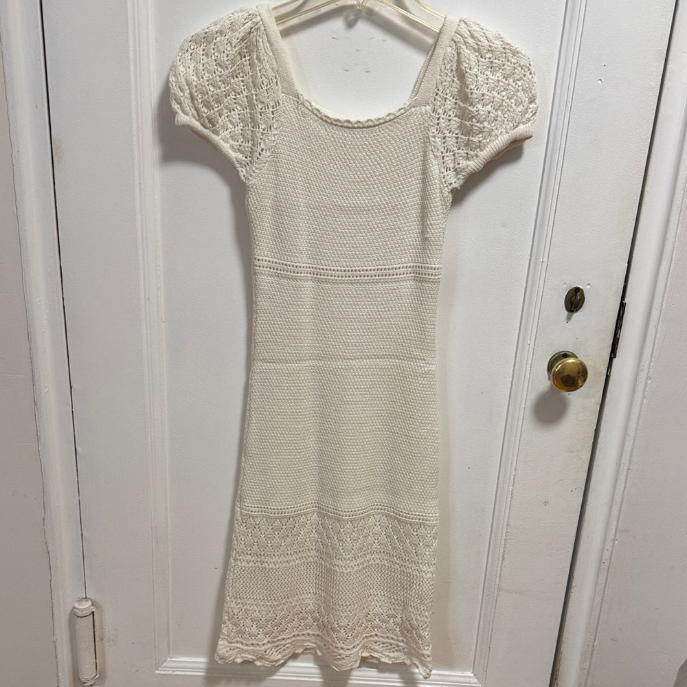 Cream Knit Cap-Sleeve Midi Dress